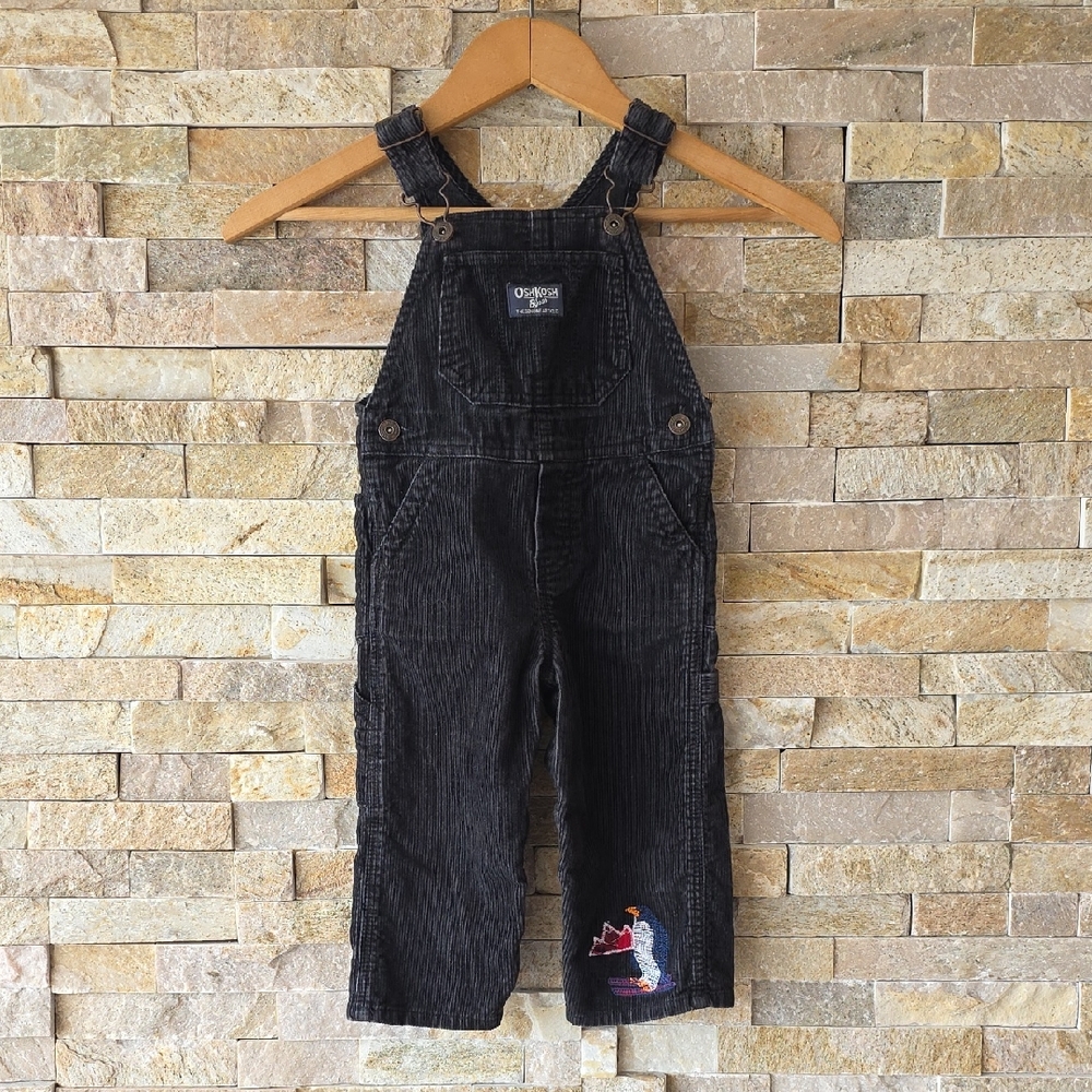 OshKosh B'gosh Black Corduroy Overalls with Embroidered Penguin